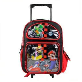 16" Large Super Mario Bros Roller Backpack - Red Checkered Rolling Wheeled Bag