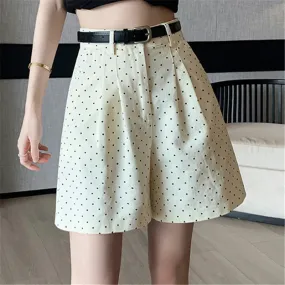 2024 Spring Dots Printed High Waist Loose Wide Leg Pleated Workwear Shorts