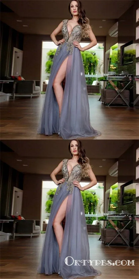 A-Line Deep V-Neck Split  Grey Long Prom Dresses with Beading Appliques, TYP1651