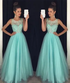 a line prom dresses 2020 beaded o neck sleeveless blue elegant prom gown 2021 robe de soiree