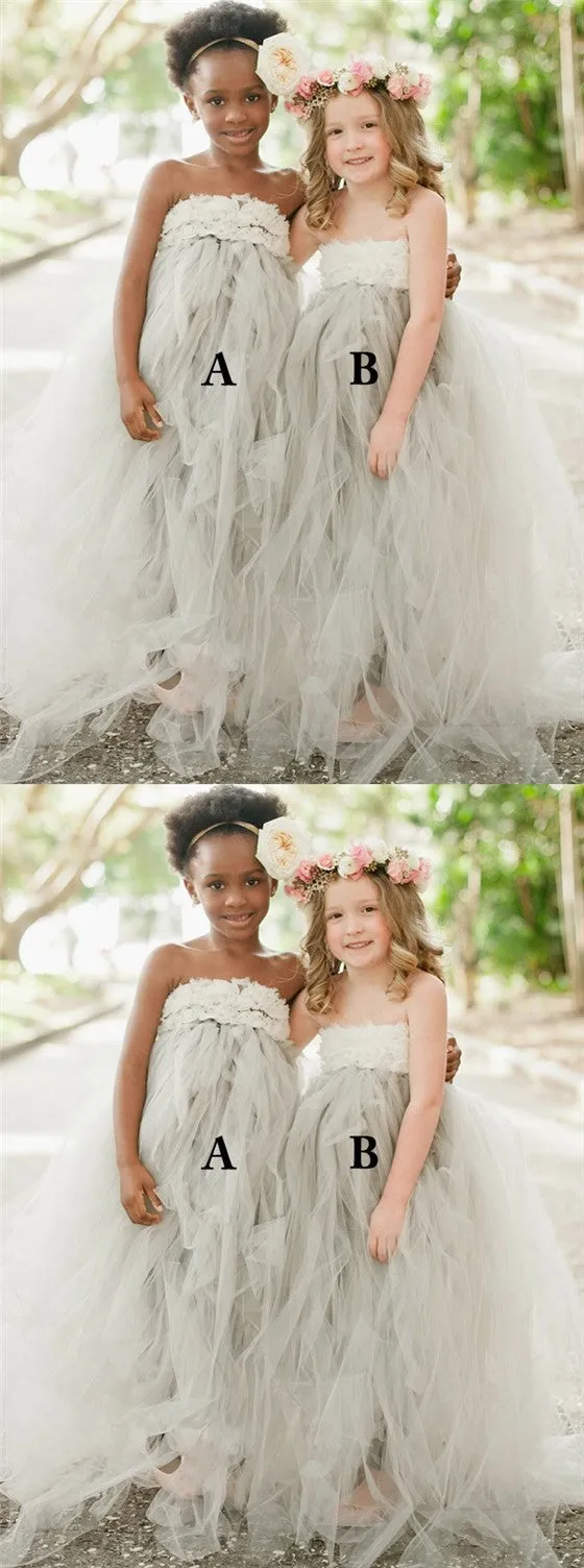 A-Line Strapless Sweep Train Light Grey Tulle Flower Girl Dress with Appliques, TYP1029