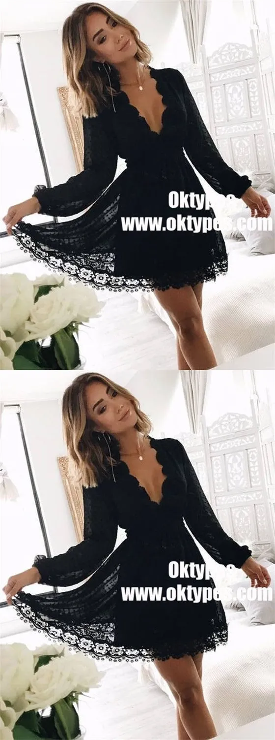 A-Line V-Neck Long Sleeves Little Black Lace Homecoming Dresses, TYP0901