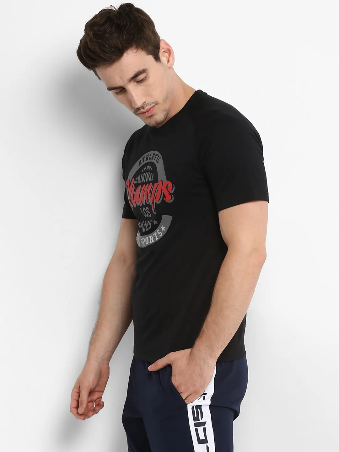 Alcis Men Black Printed Round Neck T-shirt