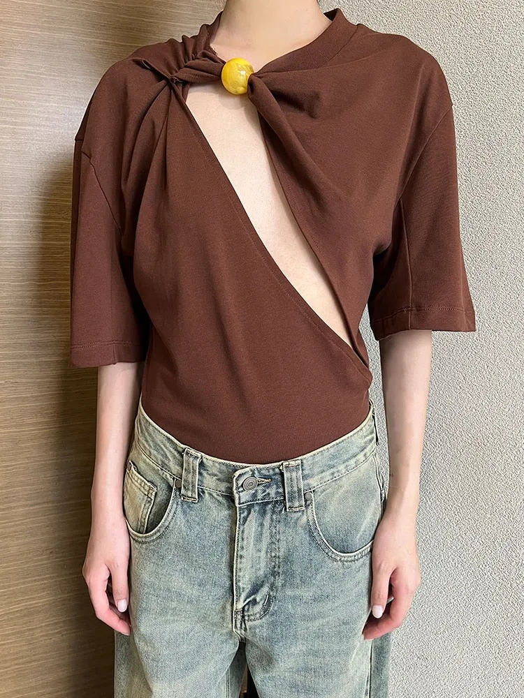 Asymmetrical Minimalist T Shirts For Women Diagonal Collar Half Sleeve Loose Summer T Shirt Female Fashion Clothing