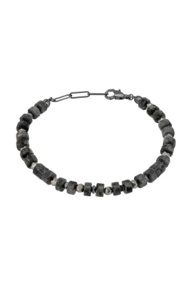 Beaded Bracelet Mens Grey Quartz Silver Oxidised