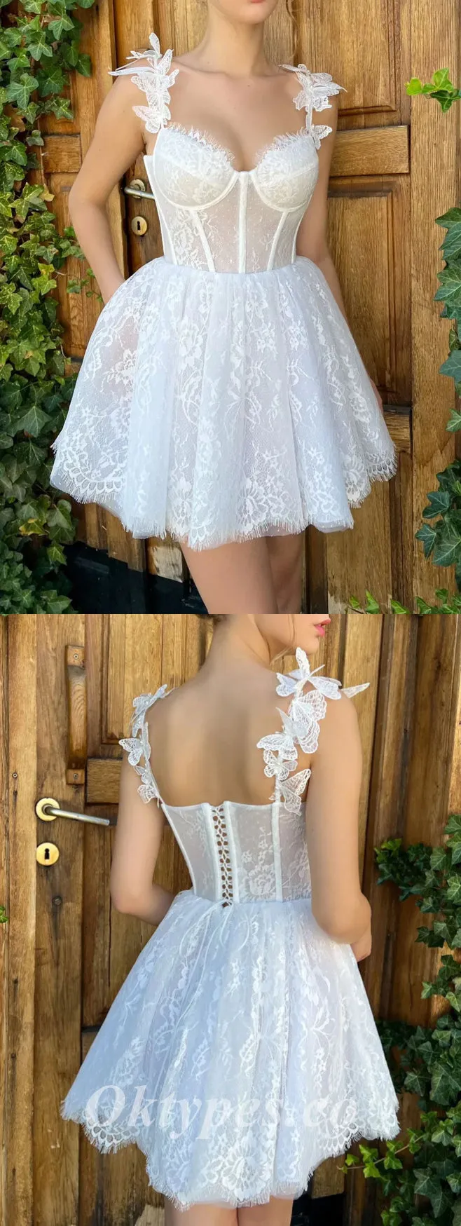 Beautiful White Tulle And Lace Spaghetti Straps V-Neck Sleeveless Lace Up Back A-Line Prom Dresses/Homecoming Dresses,PDS0486