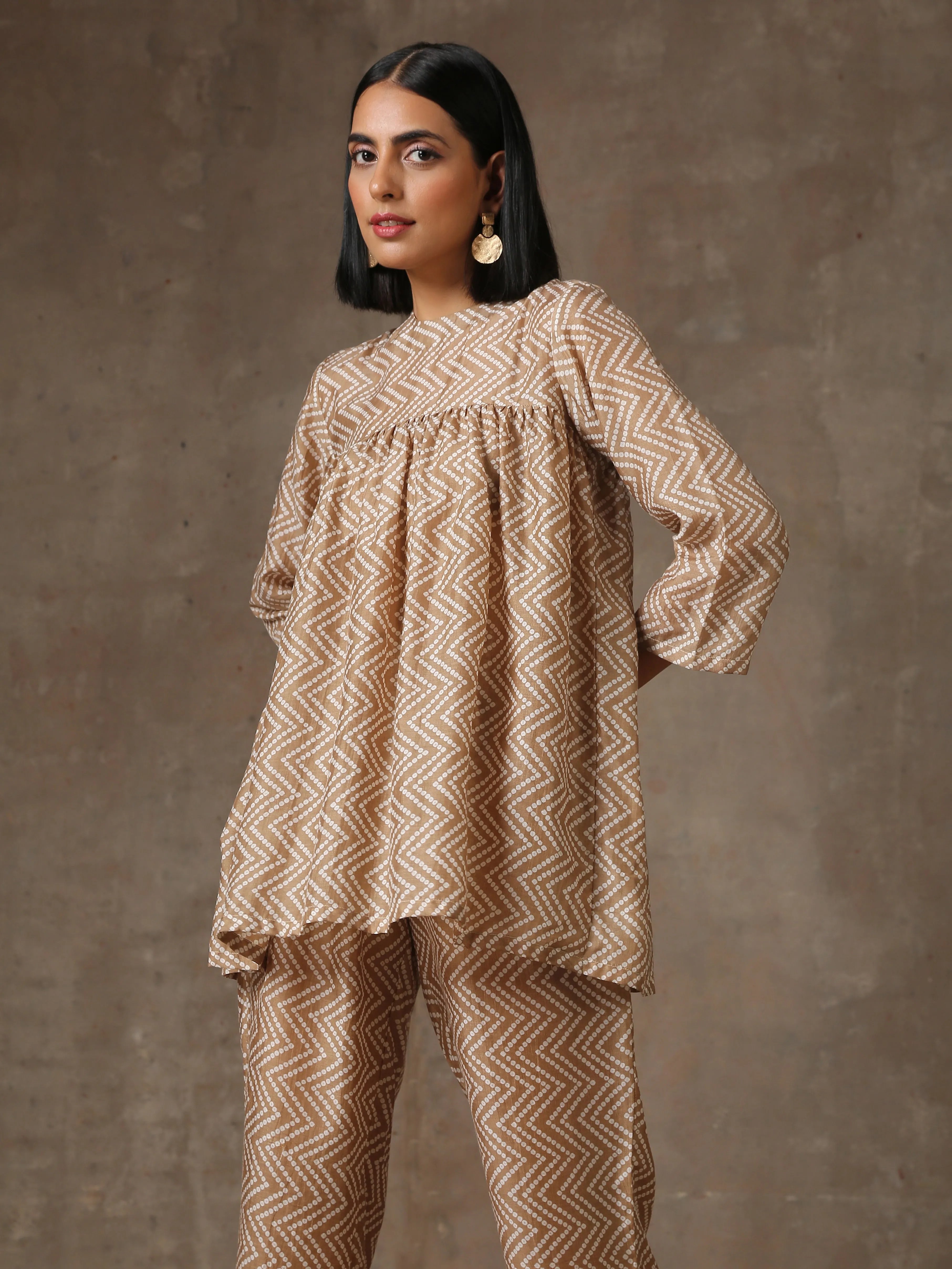 Beige Bandhani Printed Silk Gathered Co-Ord Set