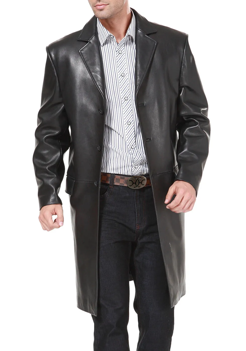 BGSD Men New Zealand Lambskin Leather Long Walking Coat