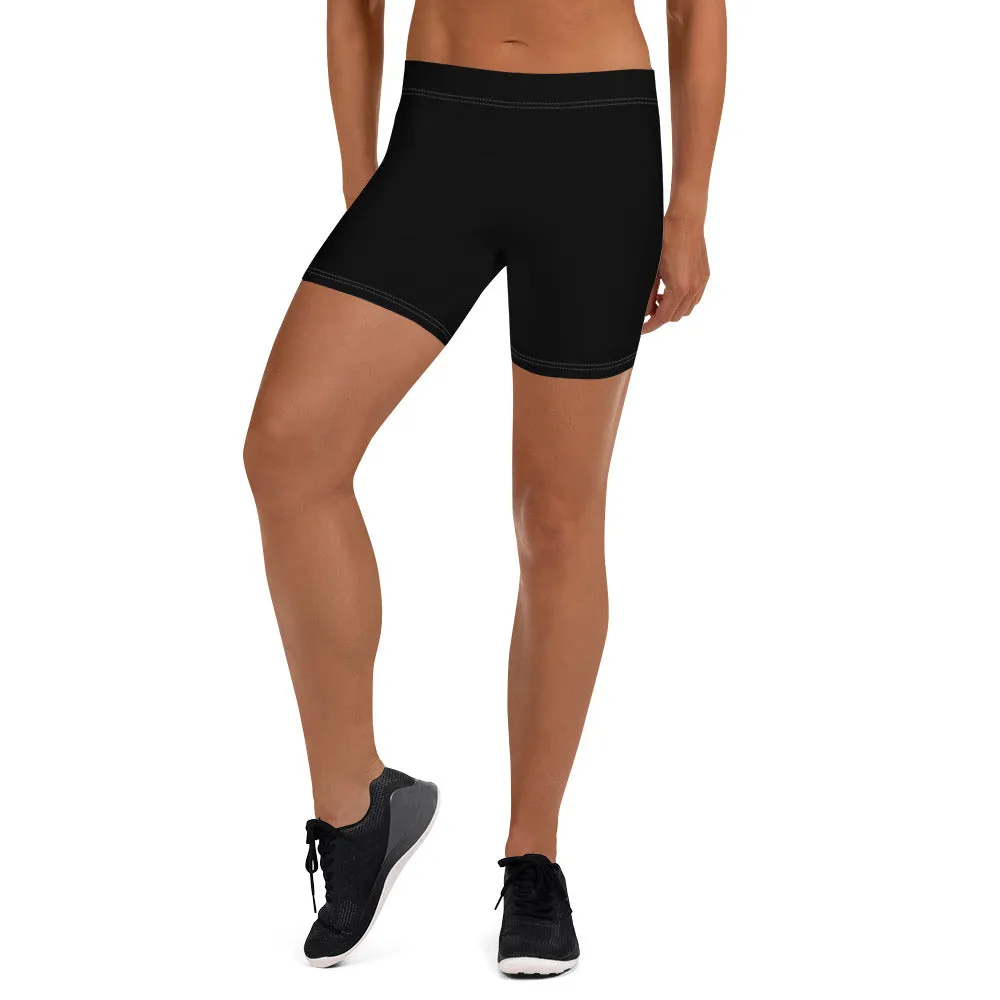 Black Designer Shorts For Women, Solid Color Black Elastic Gym Tight Pants-Made in USA/EU/MX