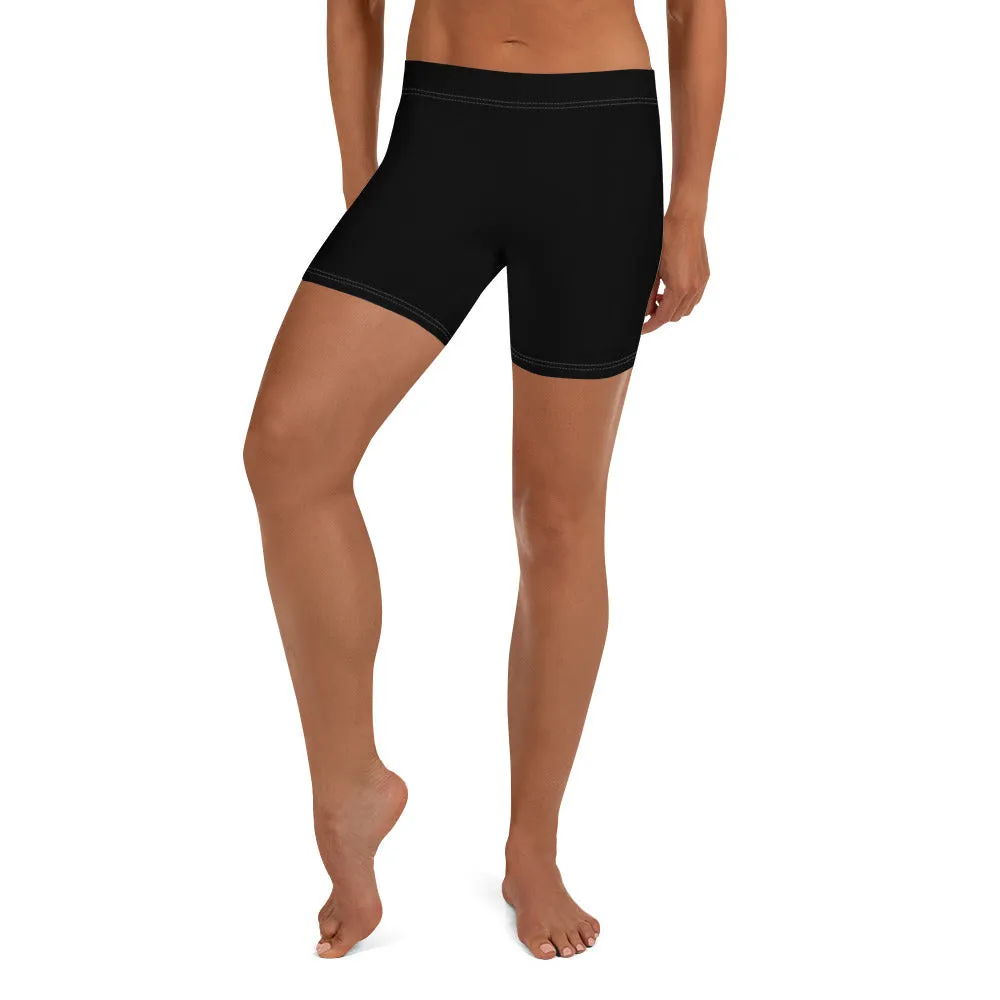 Black Designer Shorts For Women, Solid Color Black Elastic Gym Tight Pants-Made in USA/EU/MX