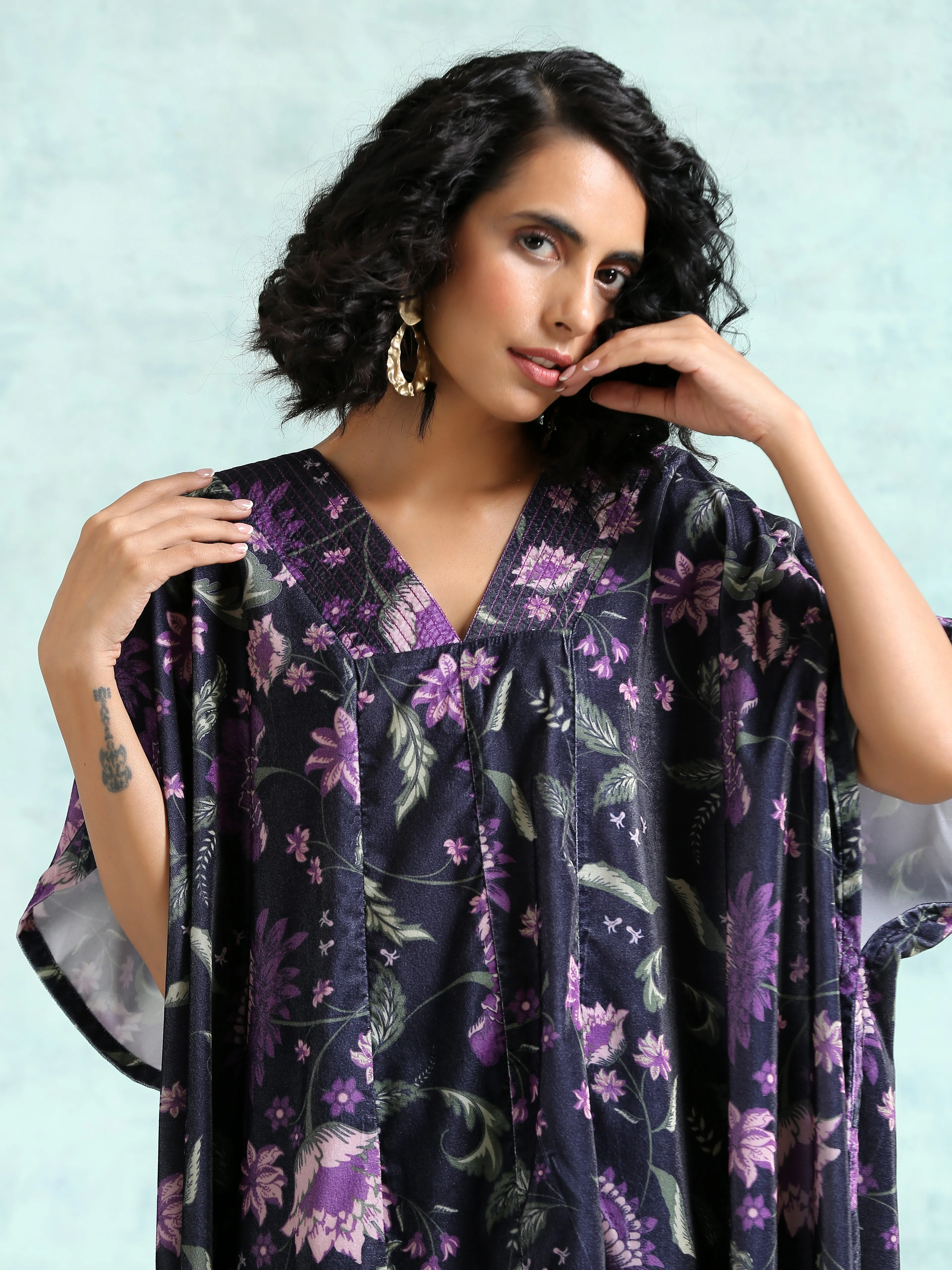 Black Printed Velvet Kaftan Kurta | Relove