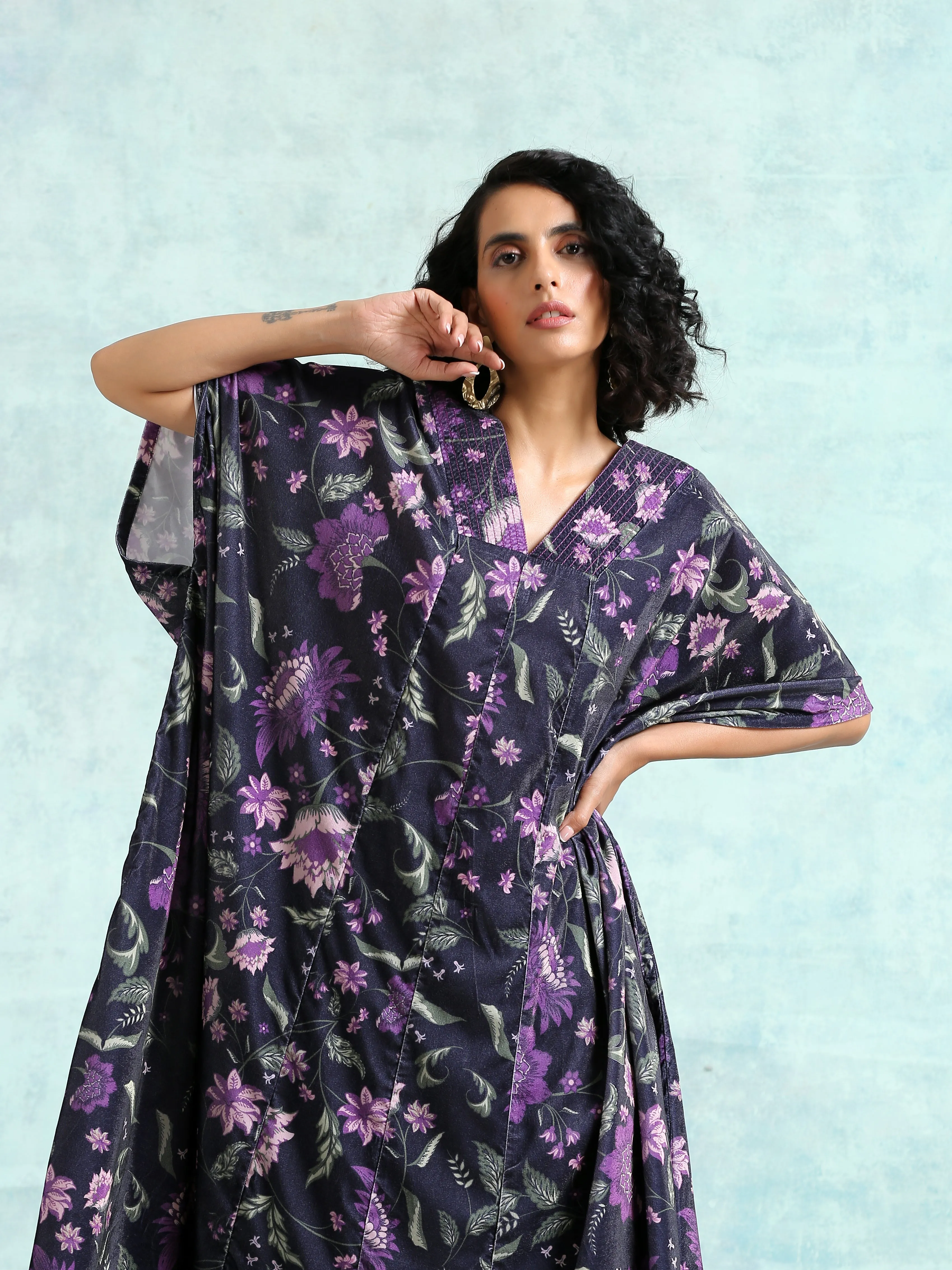 Black Printed Velvet Kaftan Kurta | Relove