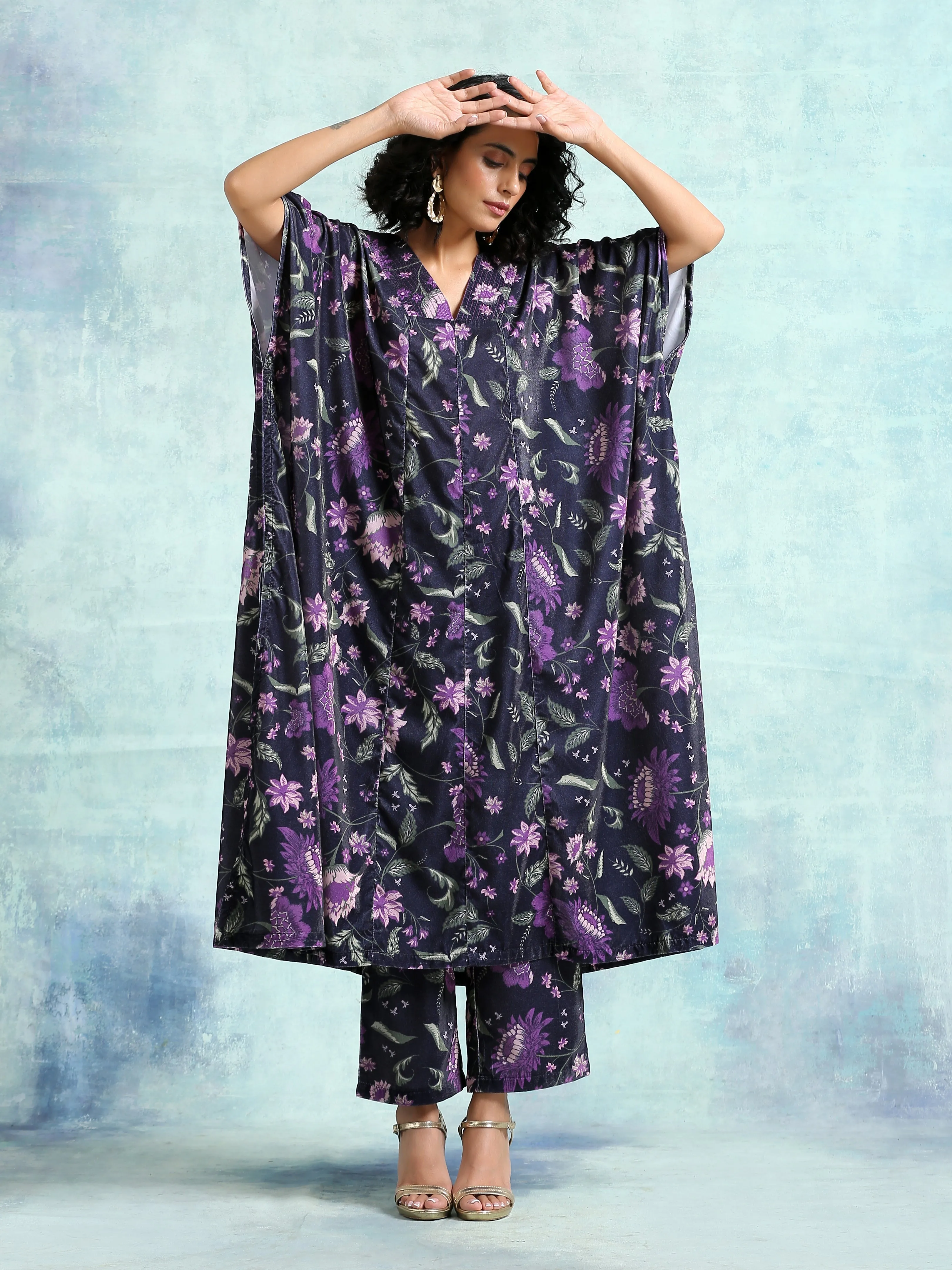 Black Printed Velvet Kaftan Kurta | Relove