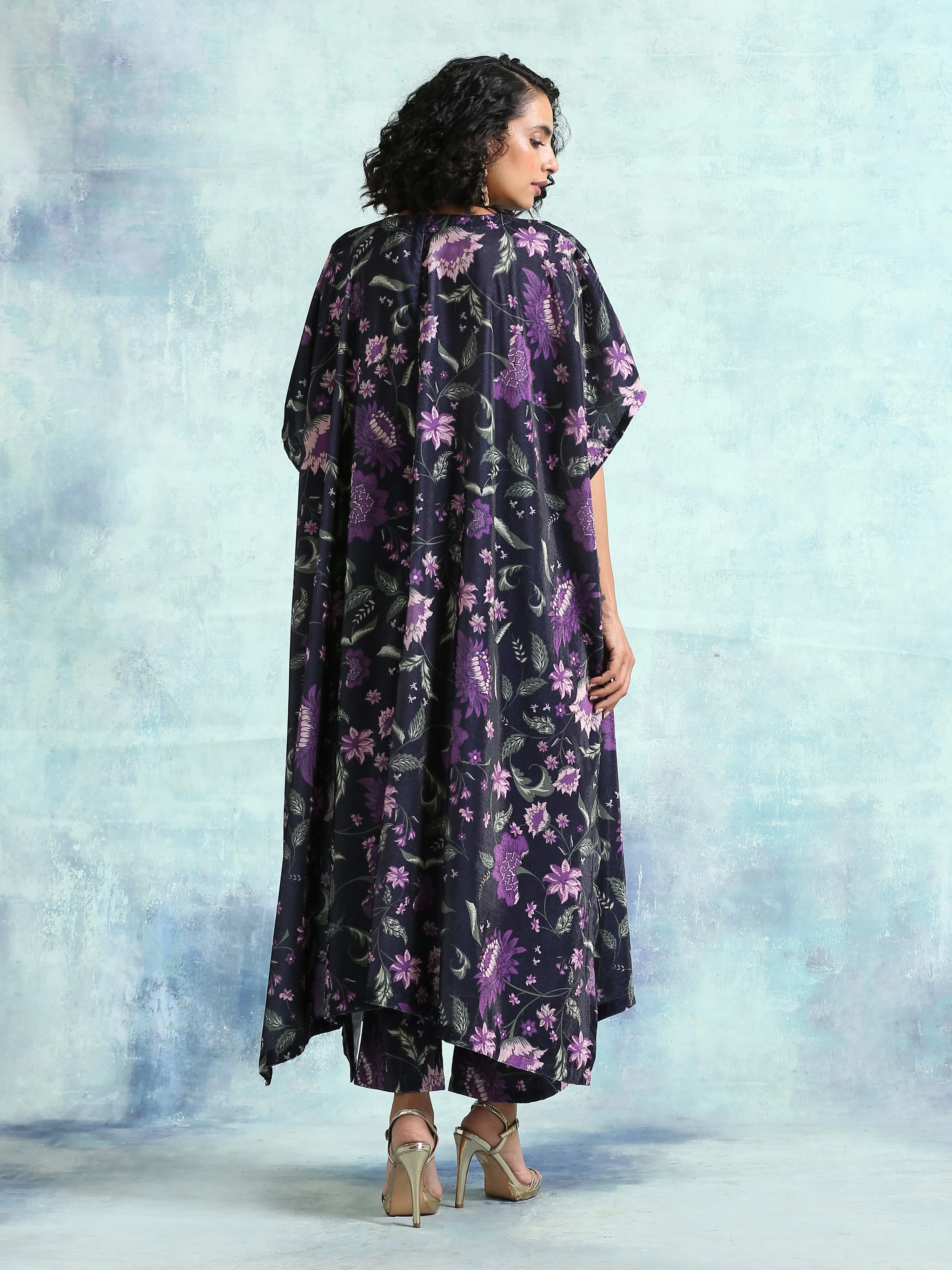 Black Printed Velvet Kaftan Kurta | Relove