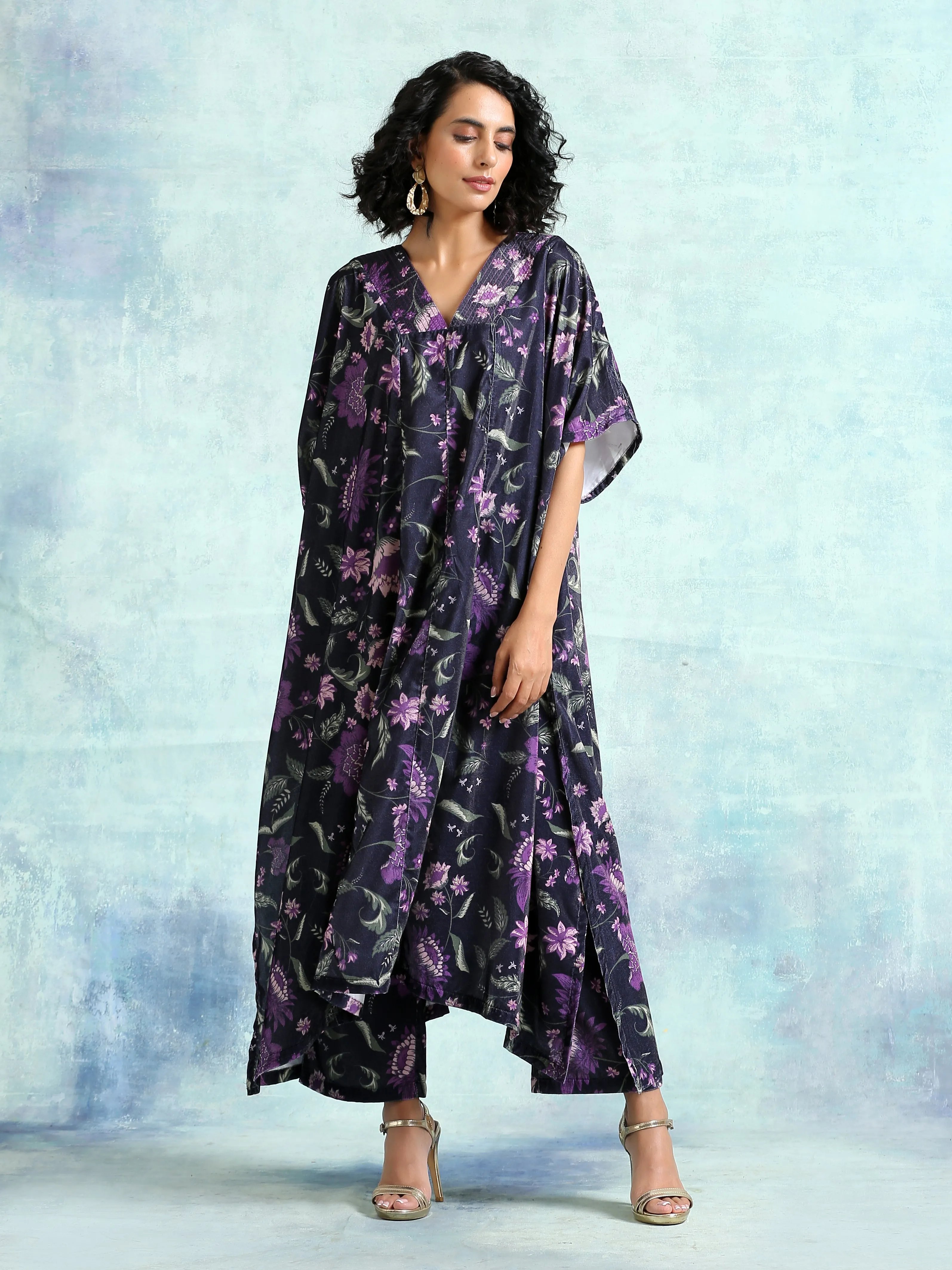 Black Printed Velvet Kaftan Kurta | Relove