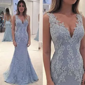 blue evening dresses long mermaid v neck lace appliqué beaded elegant evening gown vestido de Longo