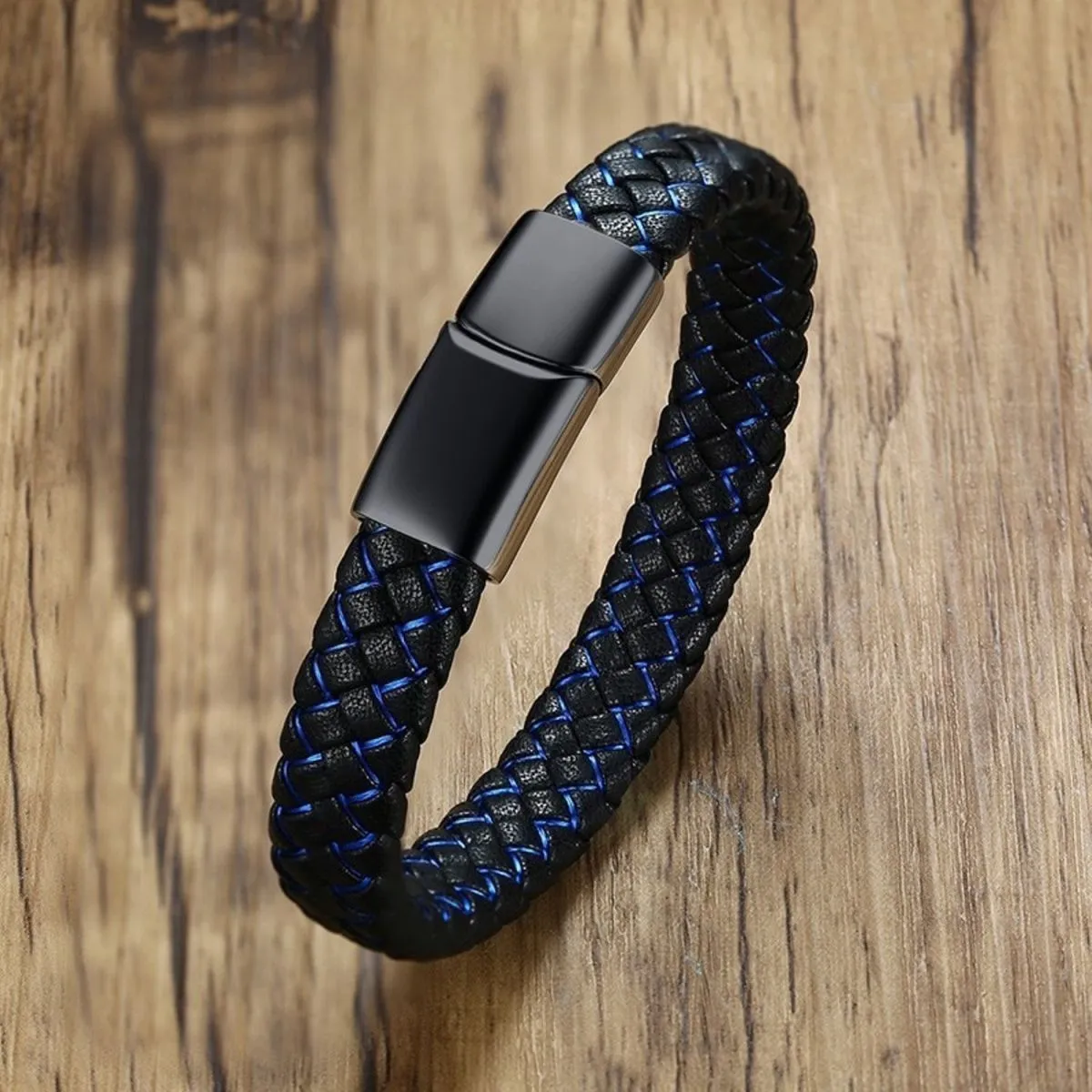 Braided Blue Black Leather Stainless Steel Wrist Band Bracelet Men