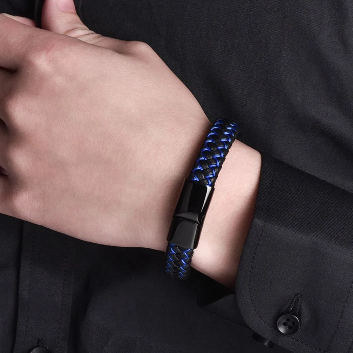 Braided Blue Black Leather Stainless Steel Wrist Band Bracelet Men