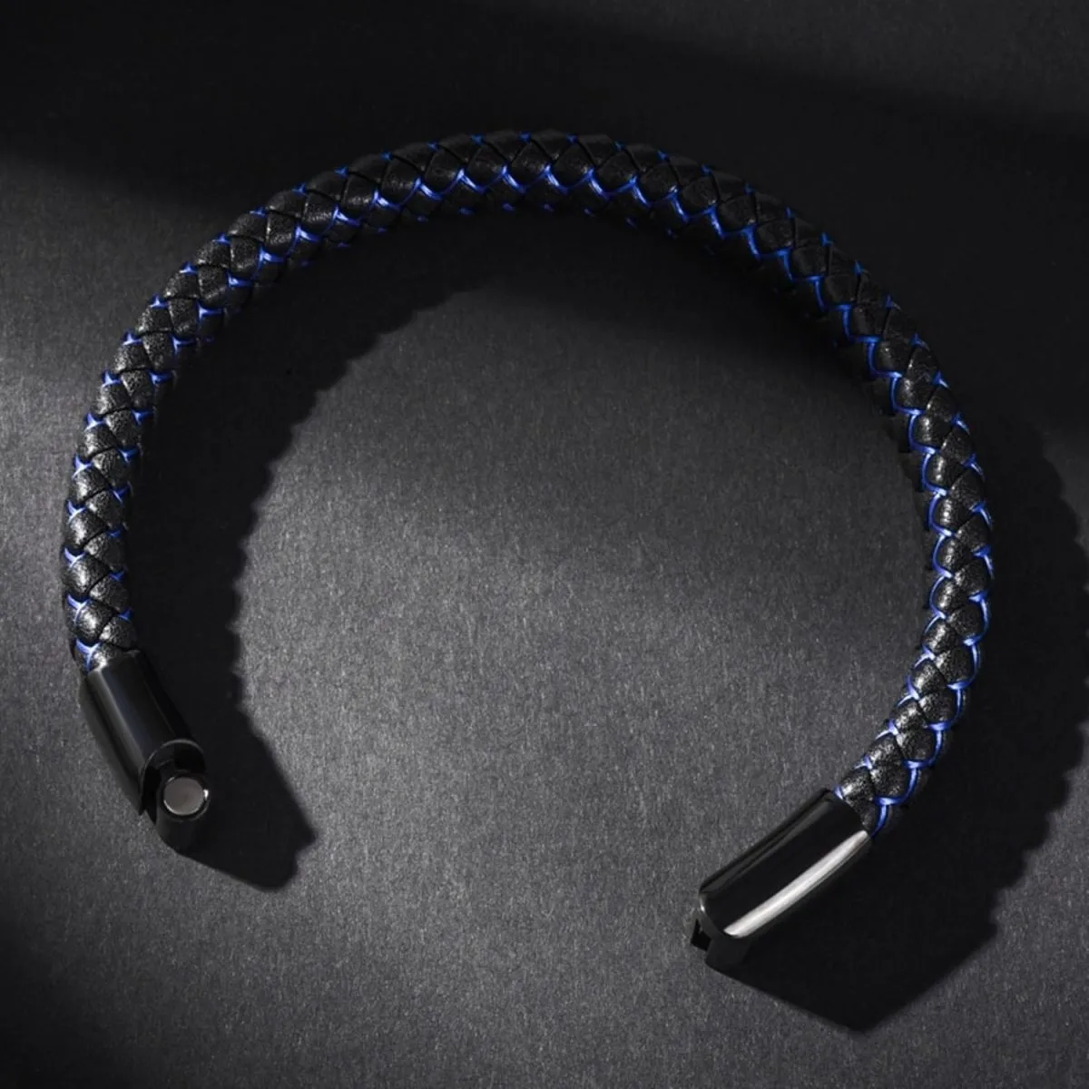 Braided Blue Black Leather Stainless Steel Wrist Band Bracelet Men