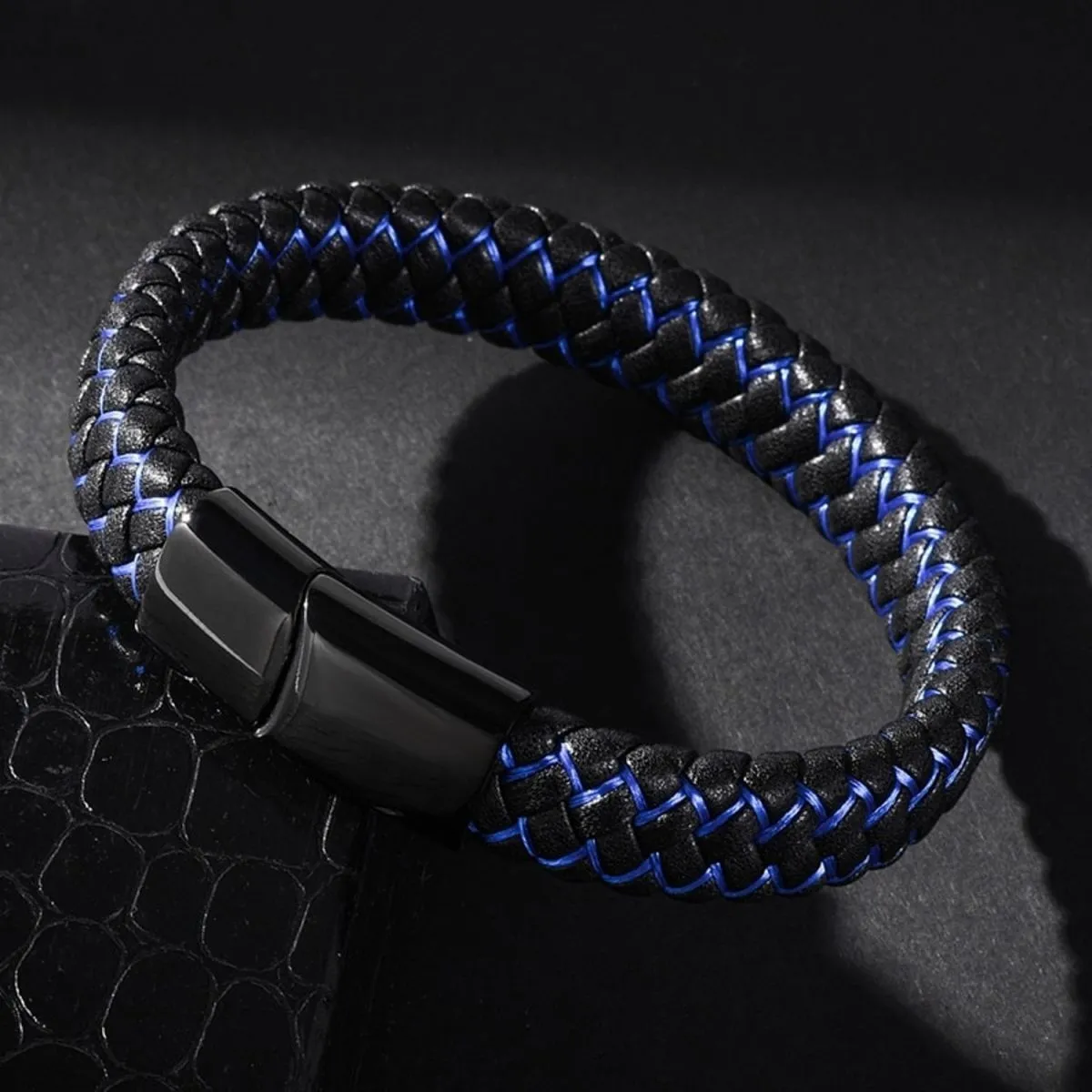 Braided Blue Black Leather Stainless Steel Wrist Band Bracelet Men