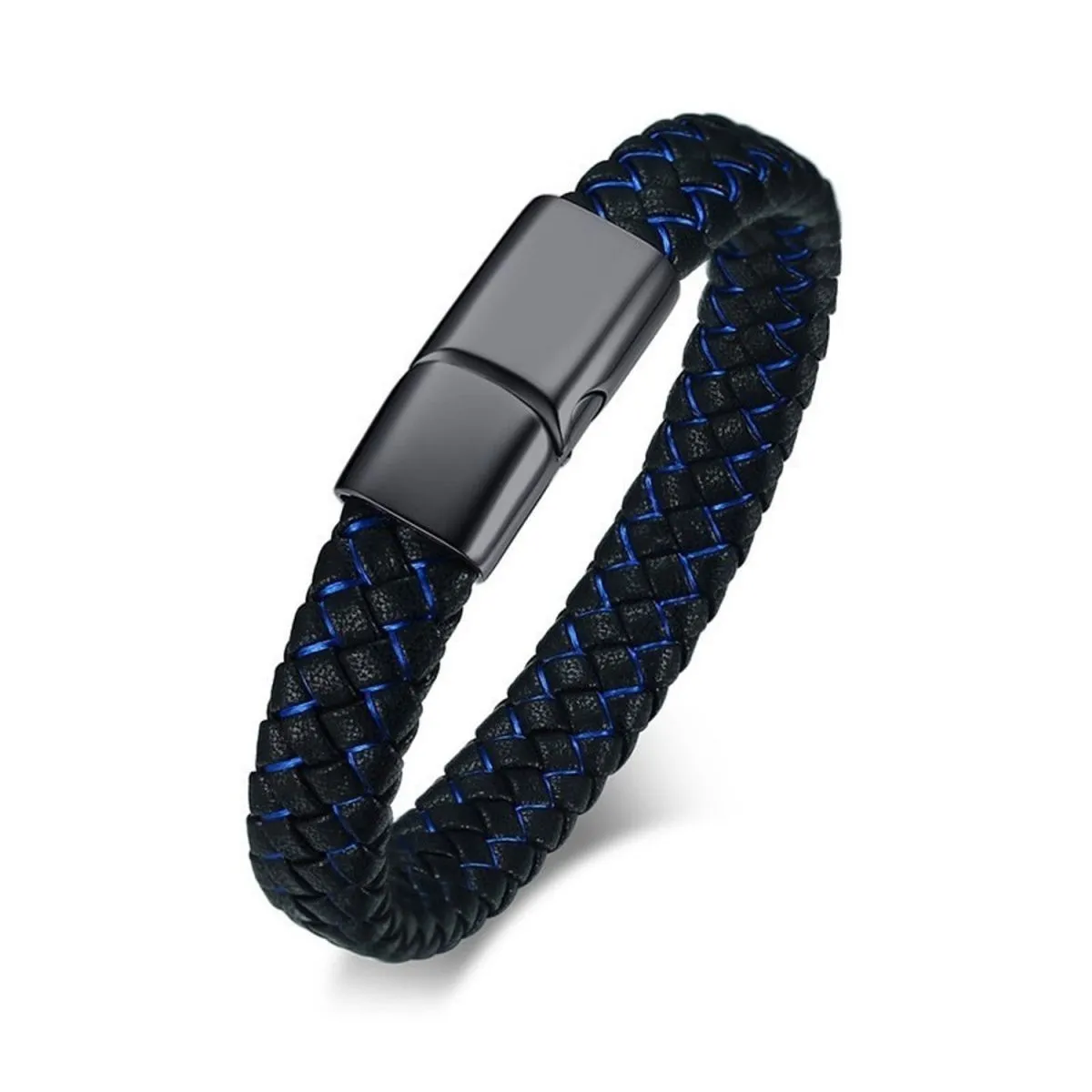 Braided Blue Black Leather Stainless Steel Wrist Band Bracelet Men