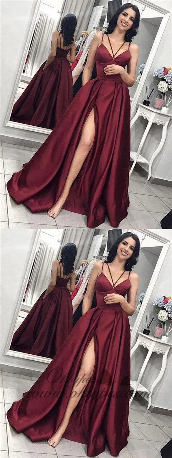 Burgundy Spaghetti Strap V-neck Long Side Slit Satin Prom Dresses, TYP1583