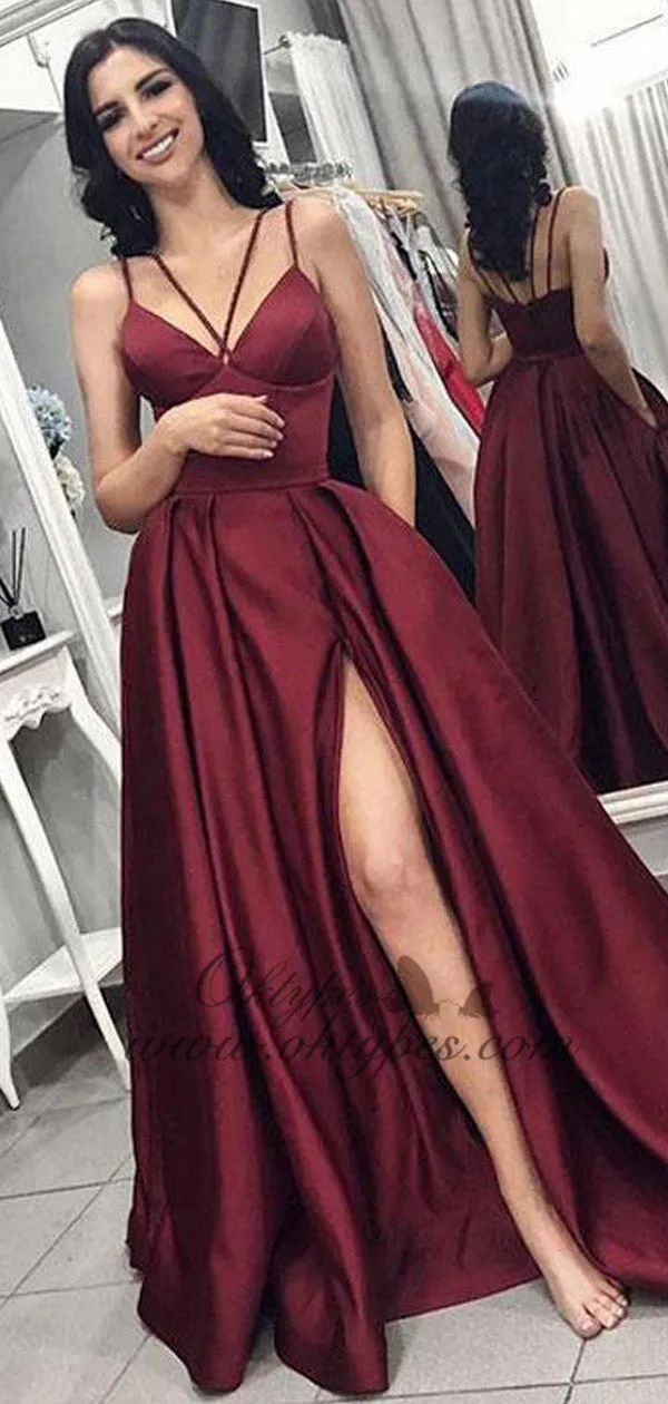 Burgundy Spaghetti Strap V-neck Long Side Slit Satin Prom Dresses, TYP1583