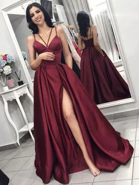 Burgundy Spaghetti Strap V-neck Long Side Slit Satin Prom Dresses, TYP1583