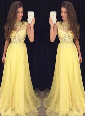 cap sleeve yellow prom dresses long chiffon lace appliqué beaded cheap prom gowns 2020 vested de Longo de festa