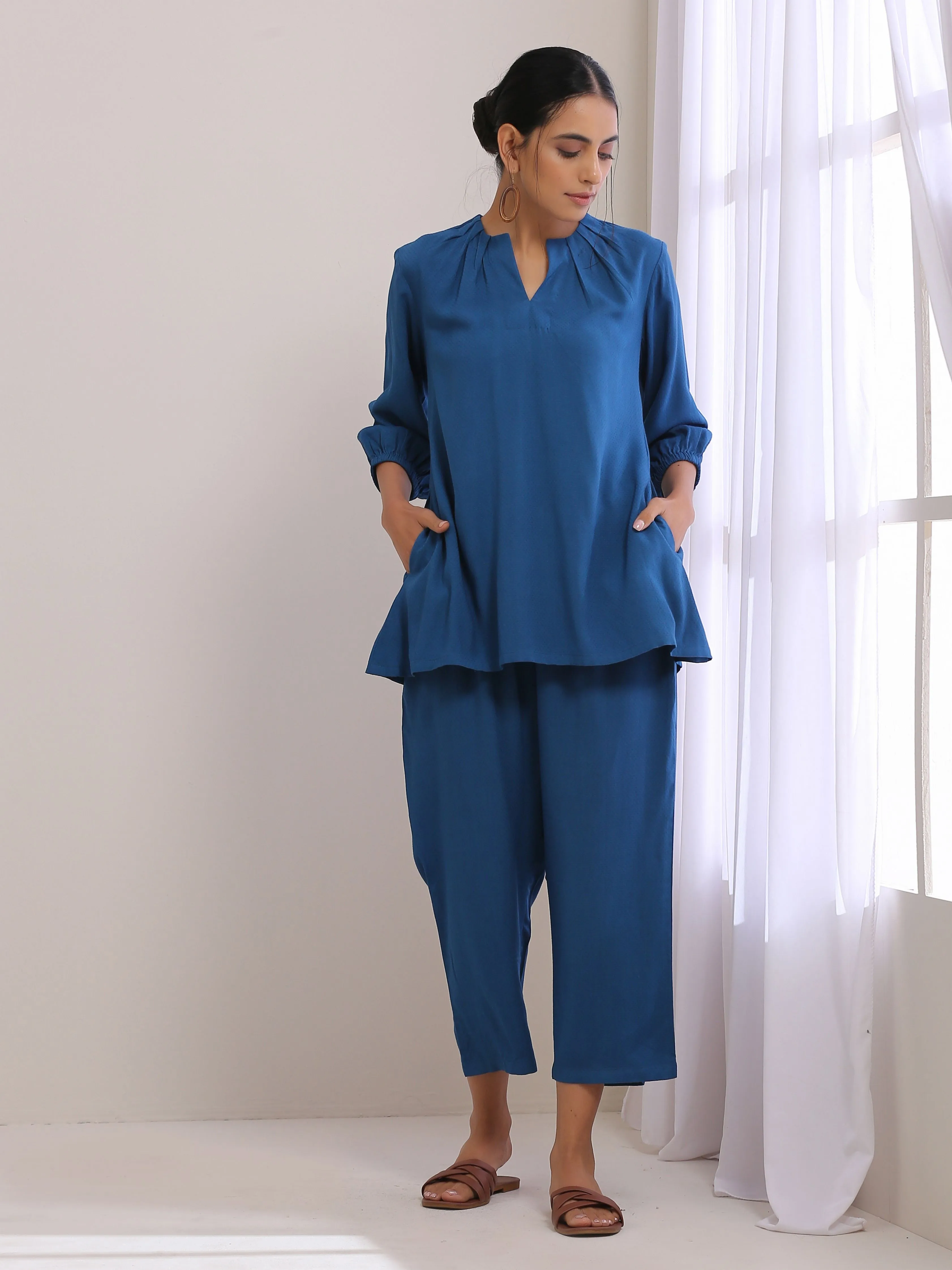 Classic Blue Dobby Pleated Co-Ord Set