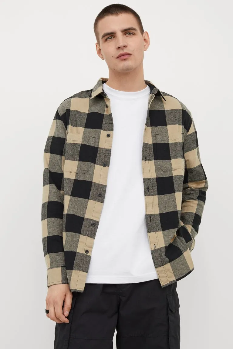 Cotton flannel shirt-Beige/Black-0908891002