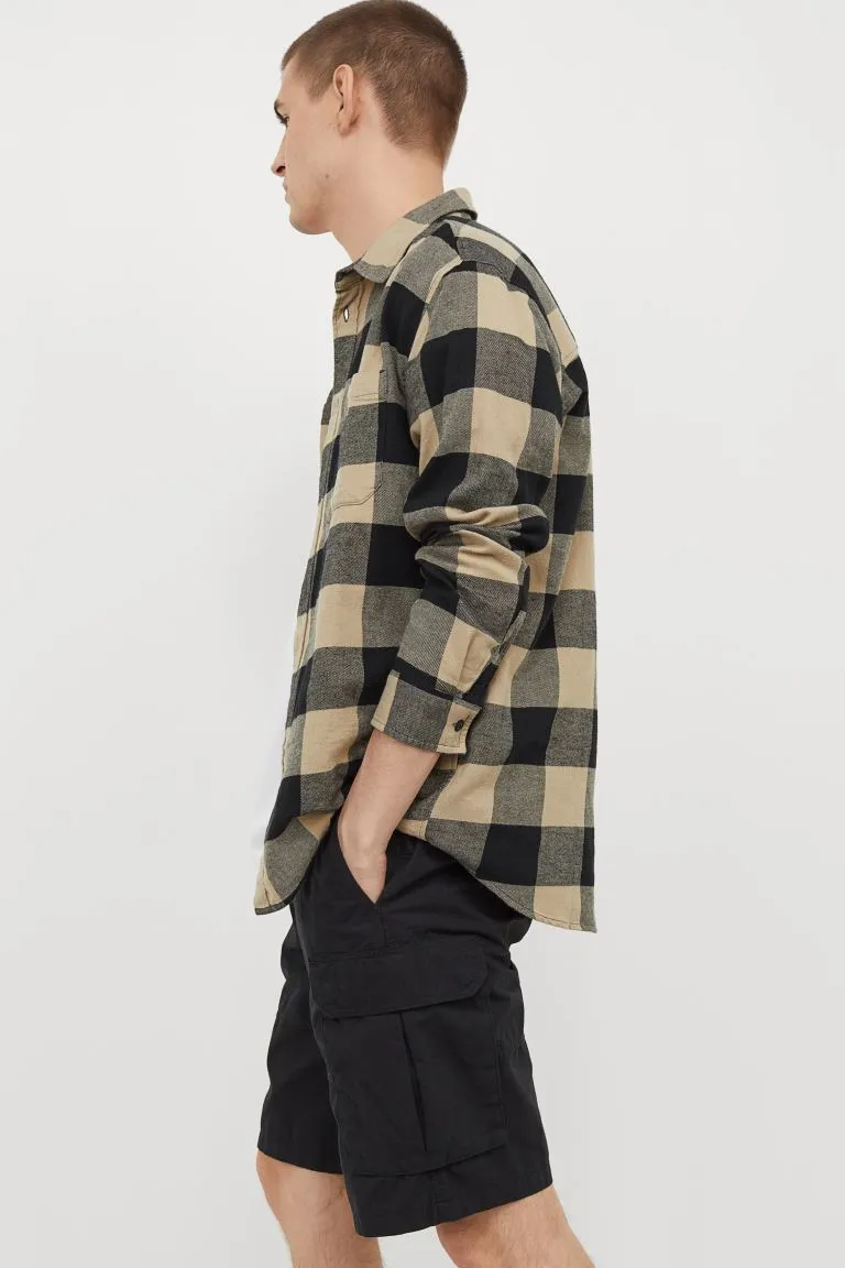 Cotton flannel shirt-Beige/Black-0908891002