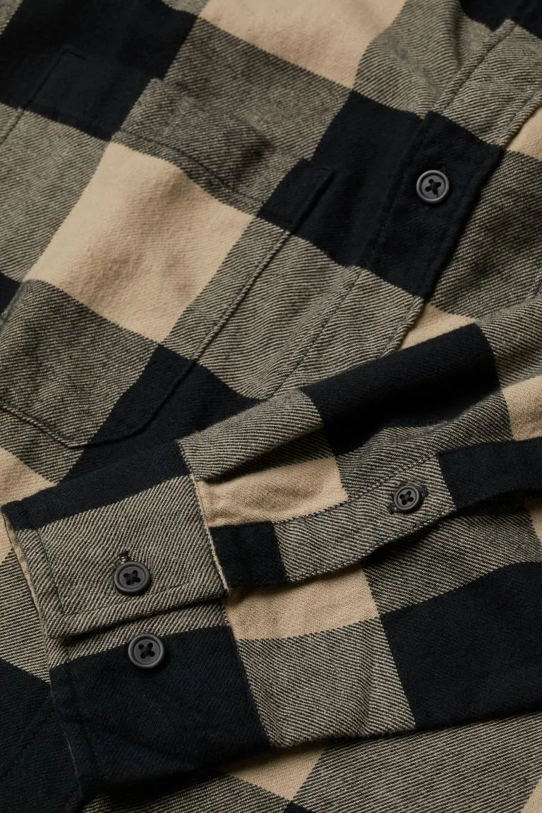 Cotton flannel shirt-Beige/Black-0908891002