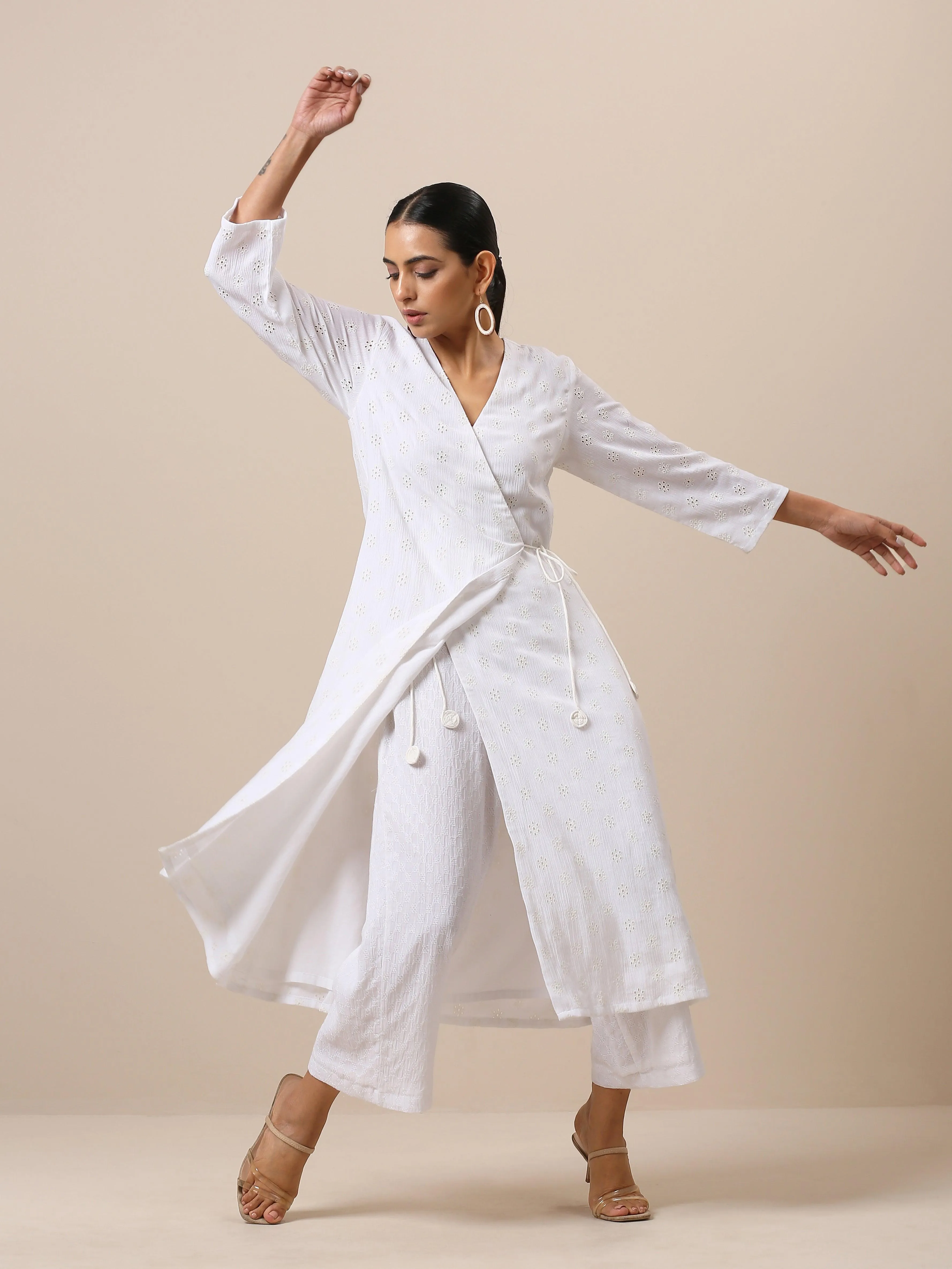 Cotton White Schiffli Angrakha Pant Set