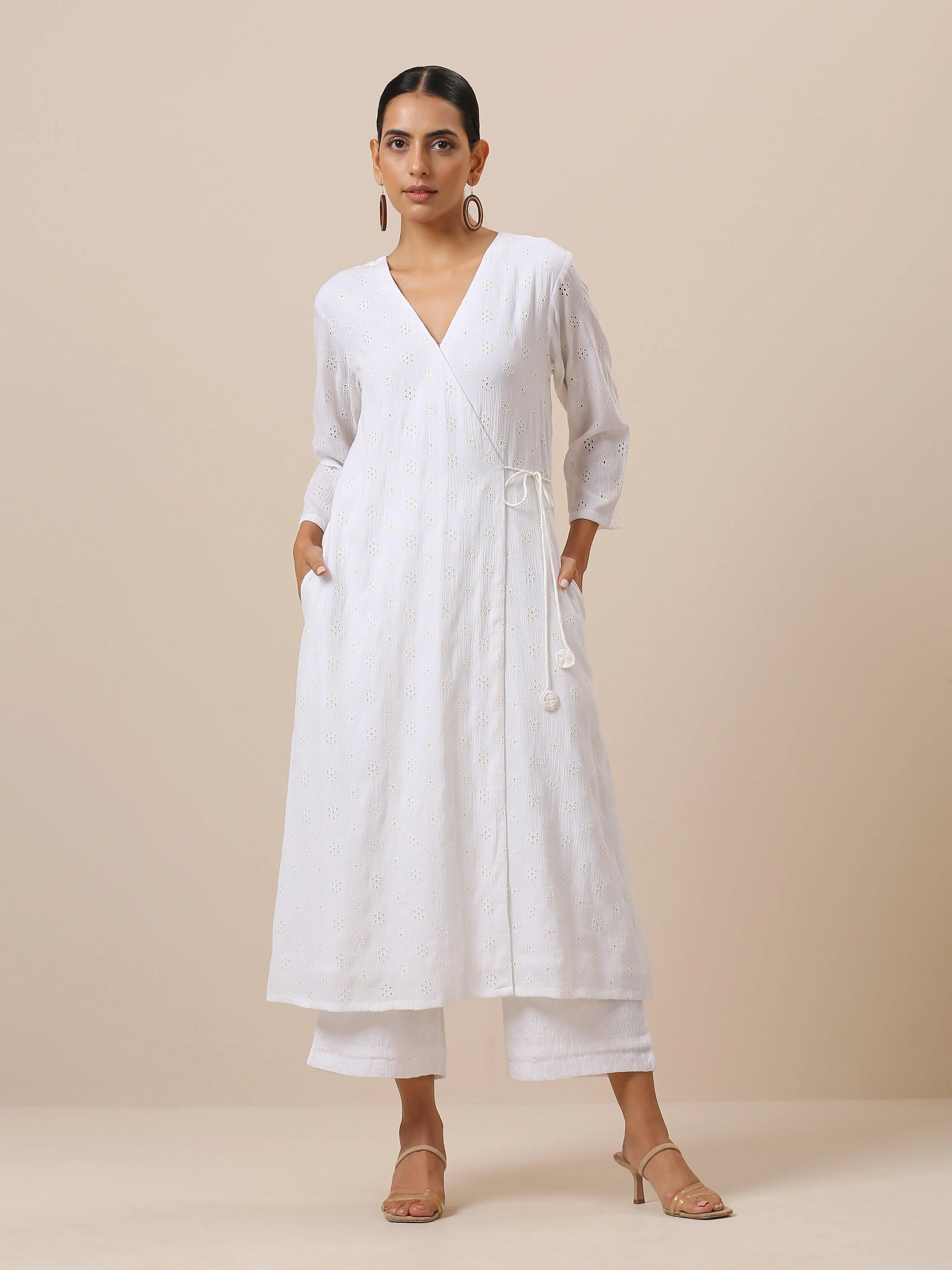 Cotton White Schiffli Angrakha Pant Set