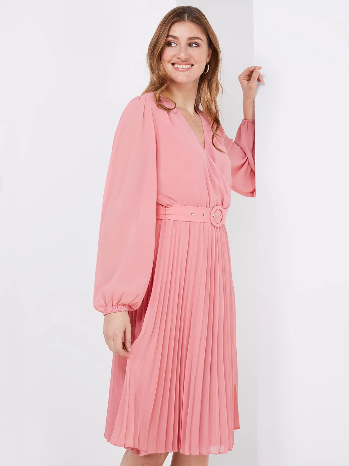 Crossover Belted Midi Dress With Pleated Skirt