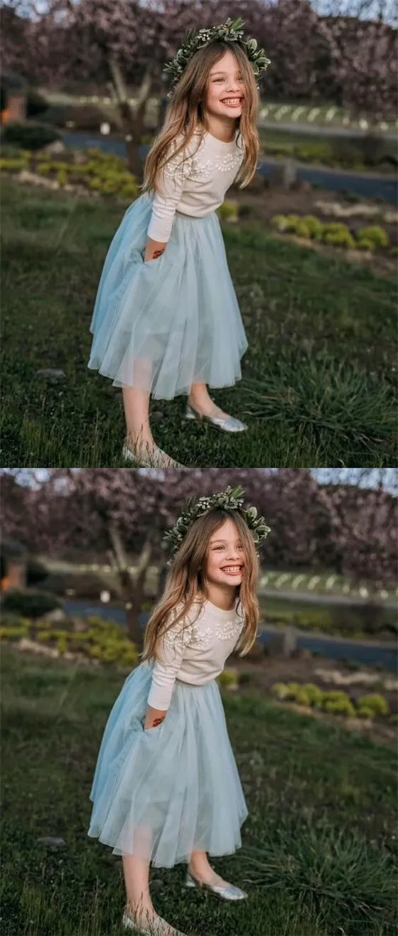 Cute Round Neck Mint Tulle Flower Girl Dress with Pockets&Appliques, TYP1068