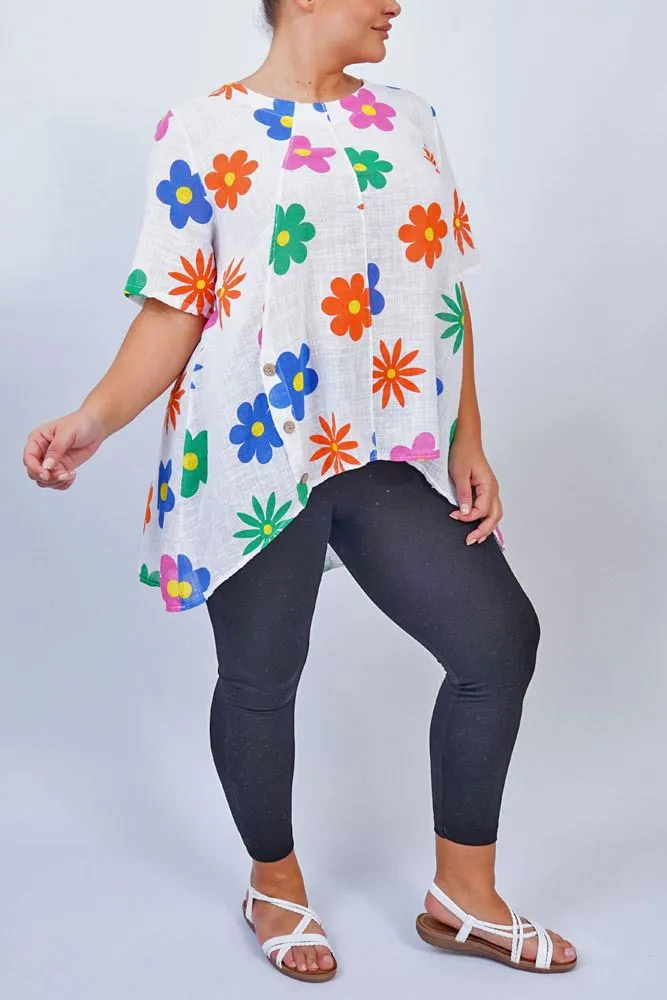 Daisy Flower Print Side Button Detail Cotton Top