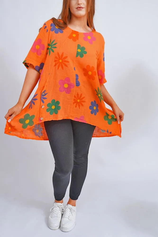 Daisy Flower Print Side Button Detail Cotton Top