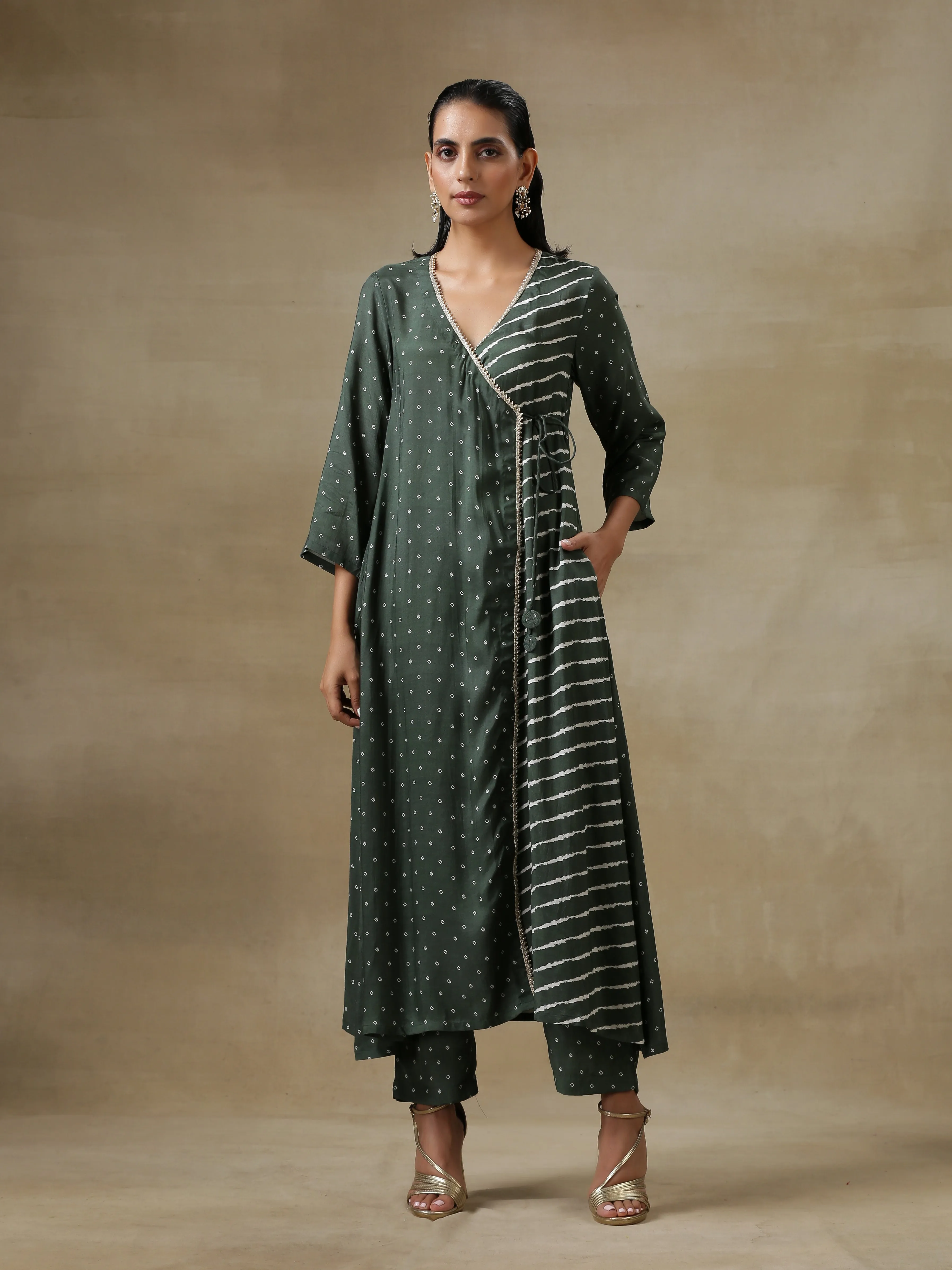 Dark Green Bandhani Printed Silk Angrakha Kurta Pant Set