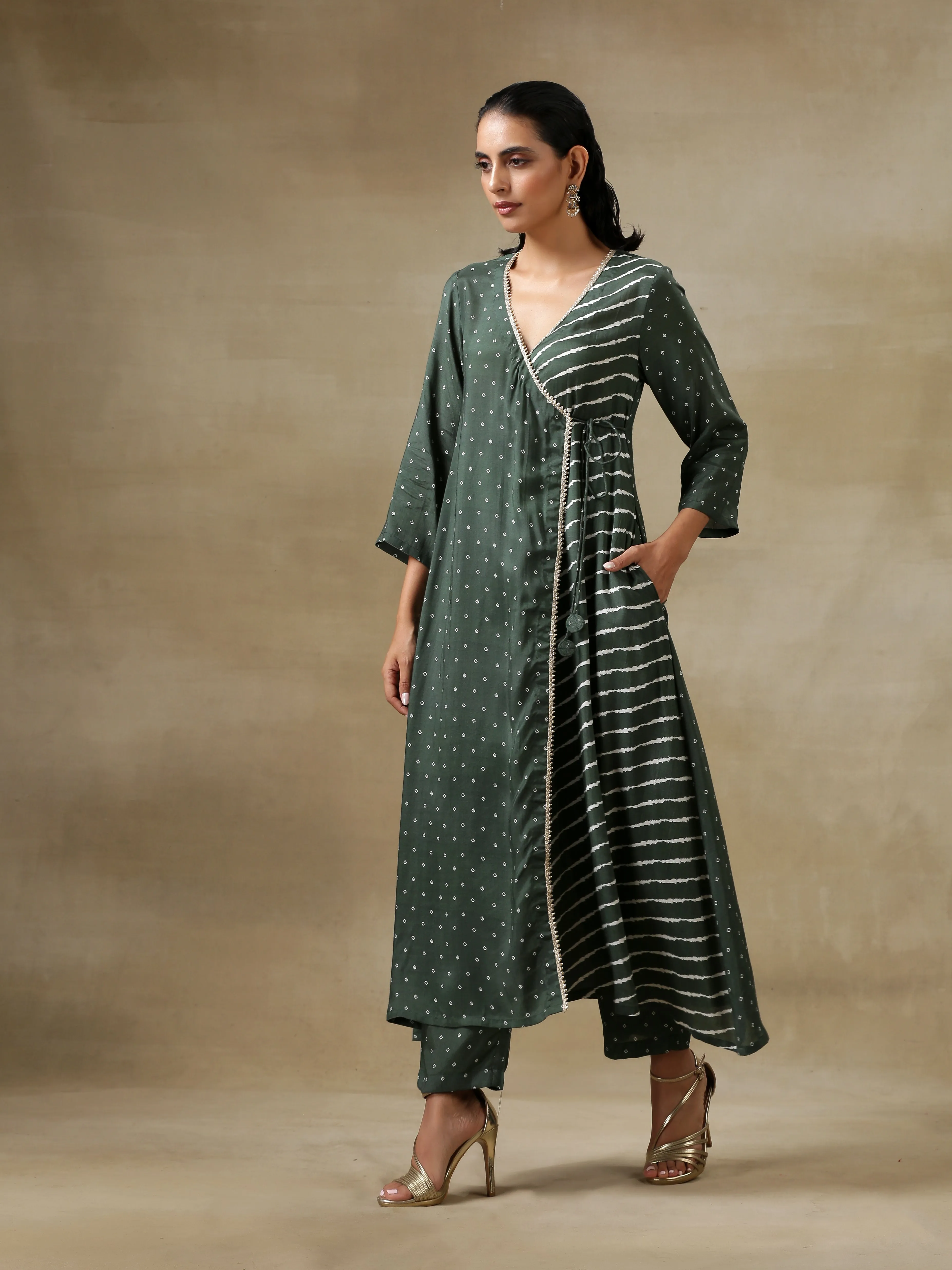 Dark Green Bandhani Printed Silk Angrakha Kurta Pant Set