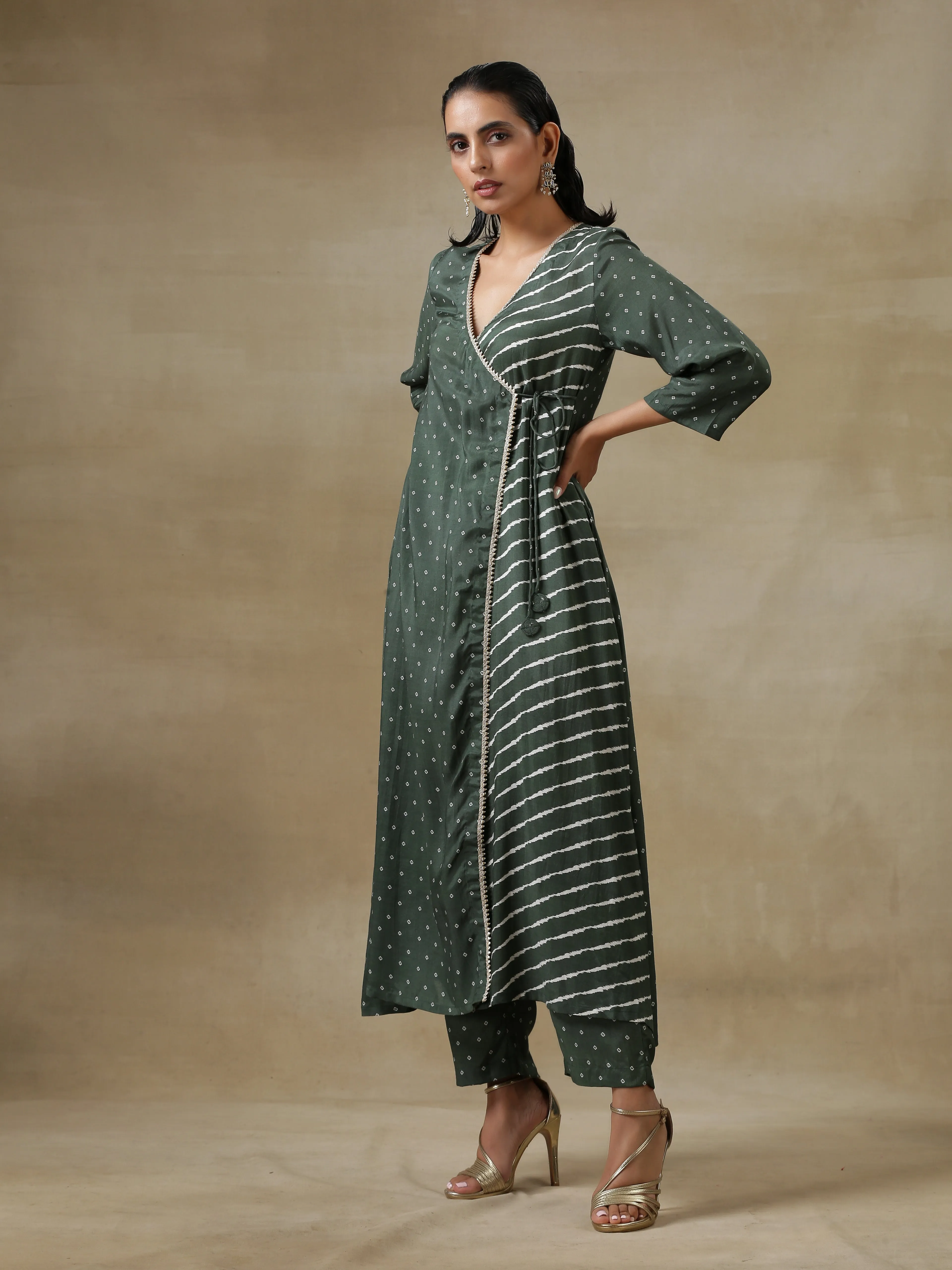 Dark Green Bandhani Printed Silk Angrakha Kurta Pant Set