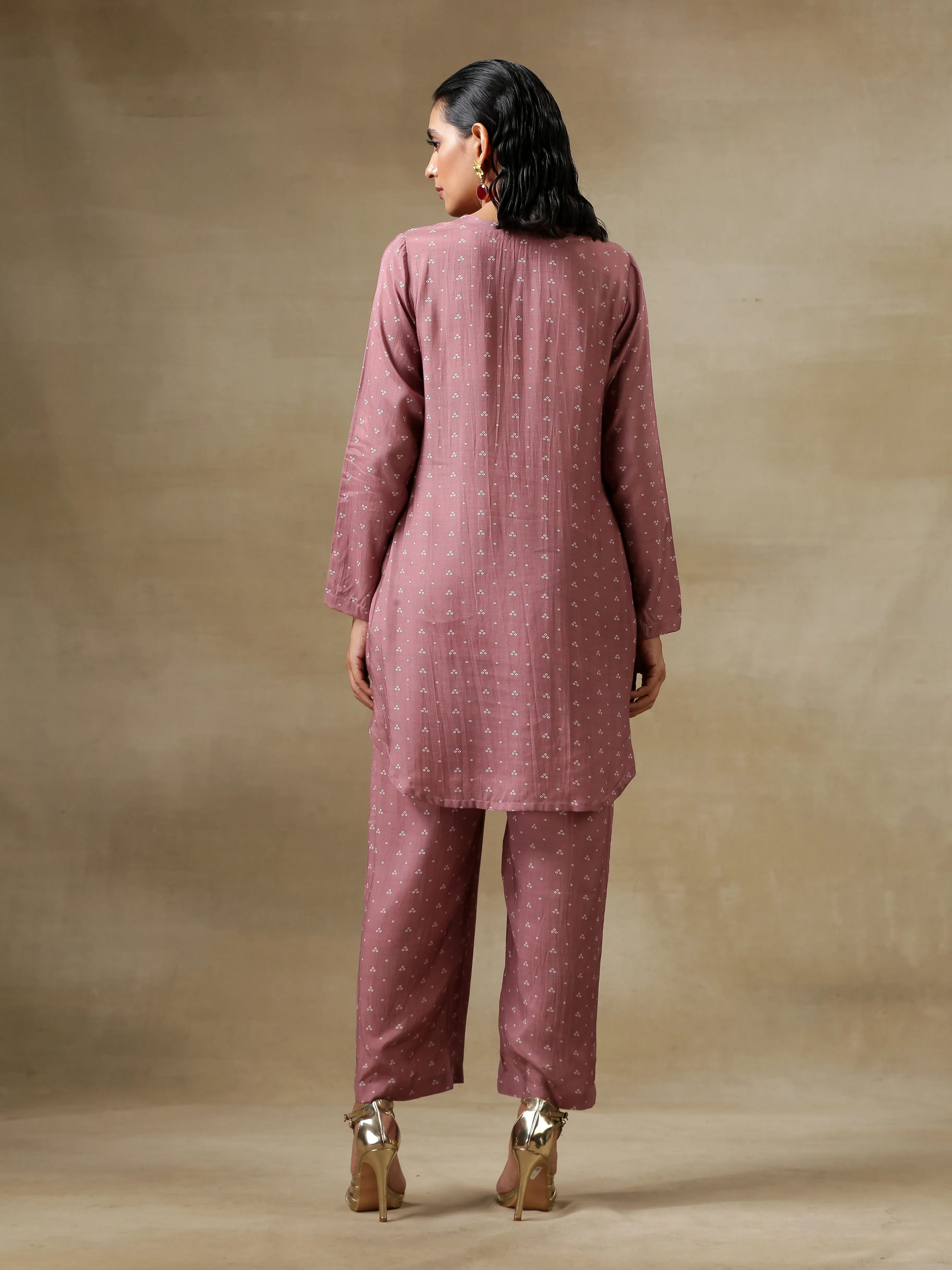 Dark Mauve Bandhani Printed Silk Front Placket Co-Ord Set