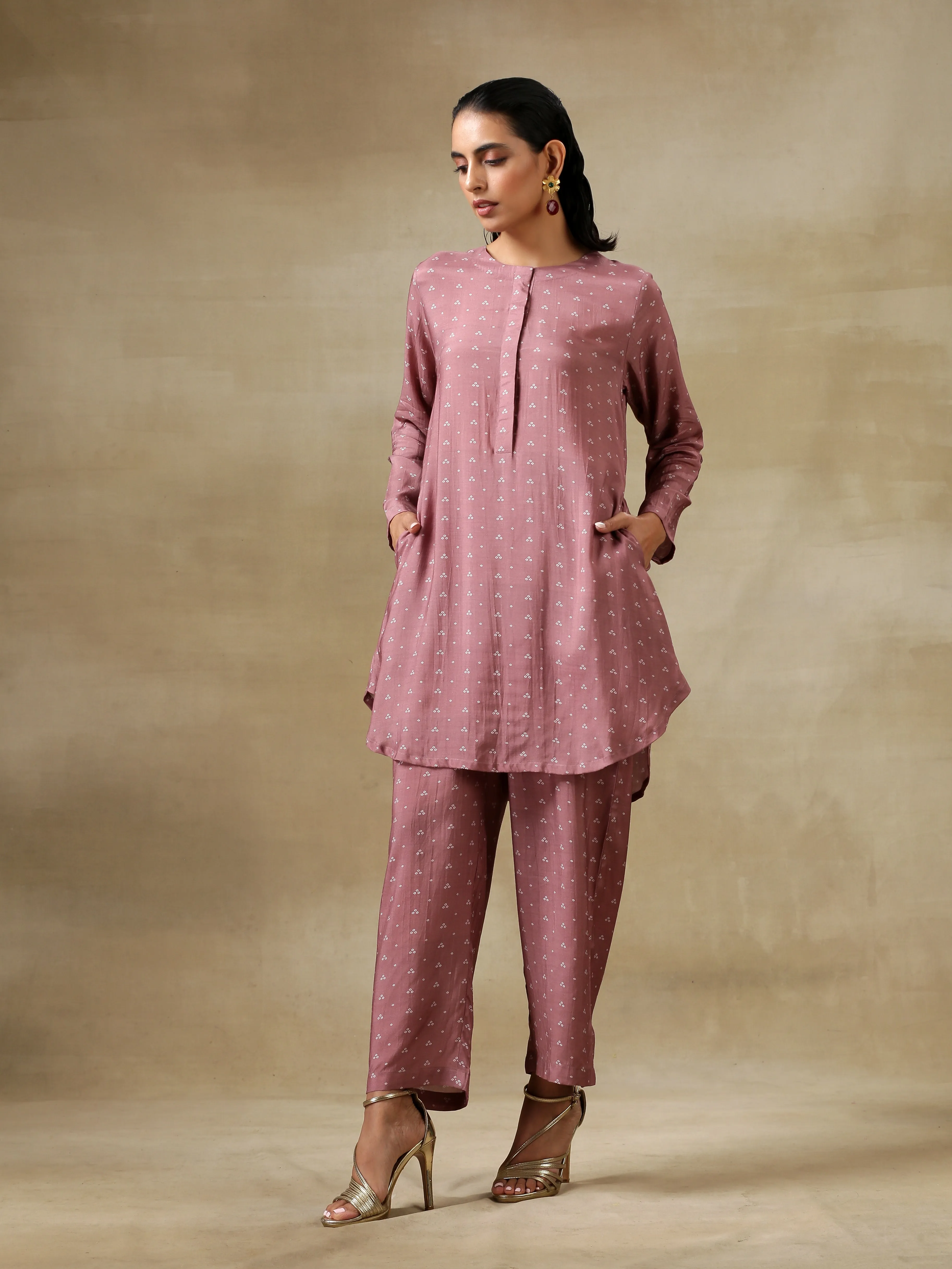 Dark Mauve Bandhani Printed Silk Front Placket Co-Ord Set