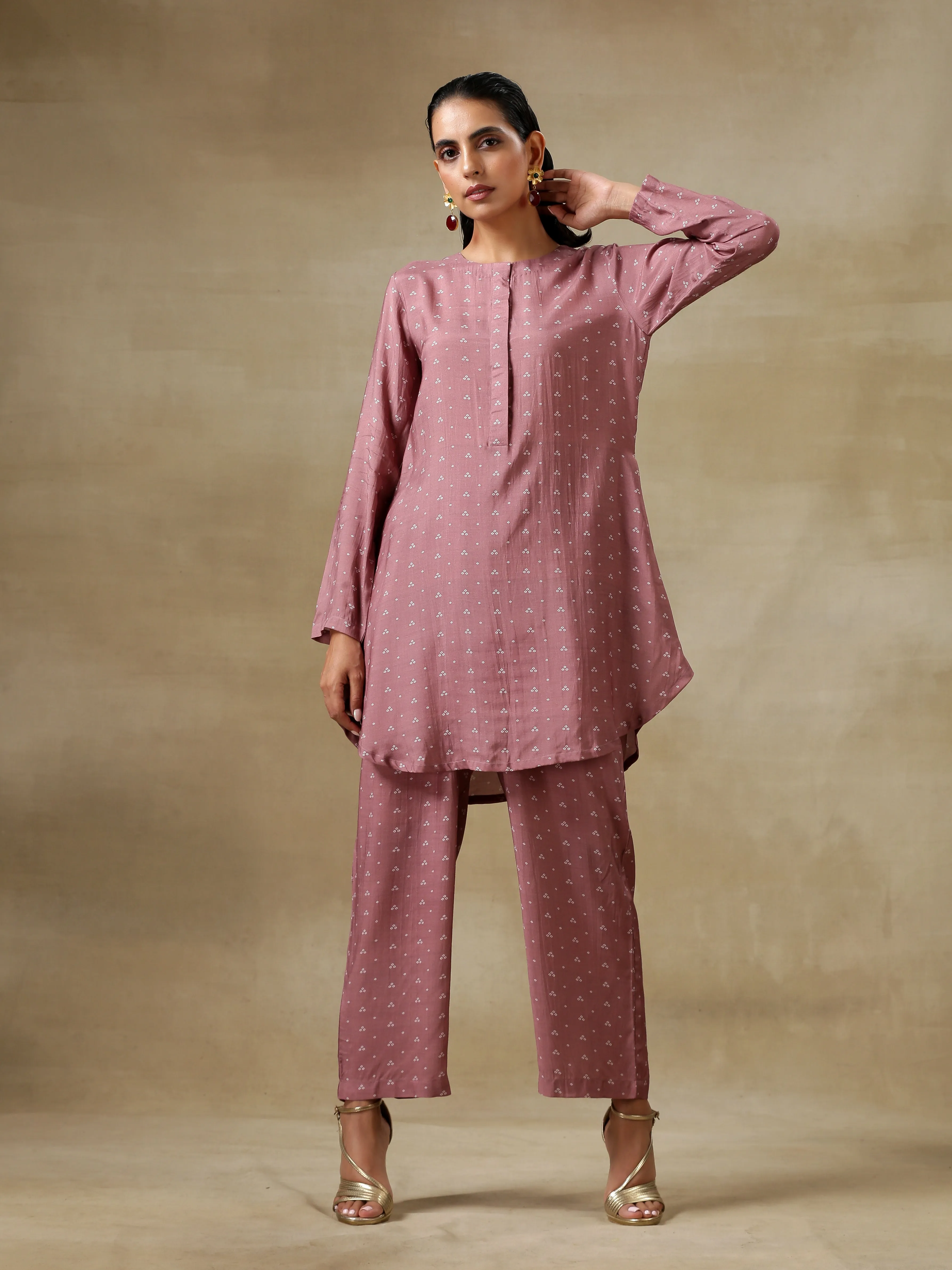 Dark Mauve Bandhani Printed Silk Front Placket Co-Ord Set