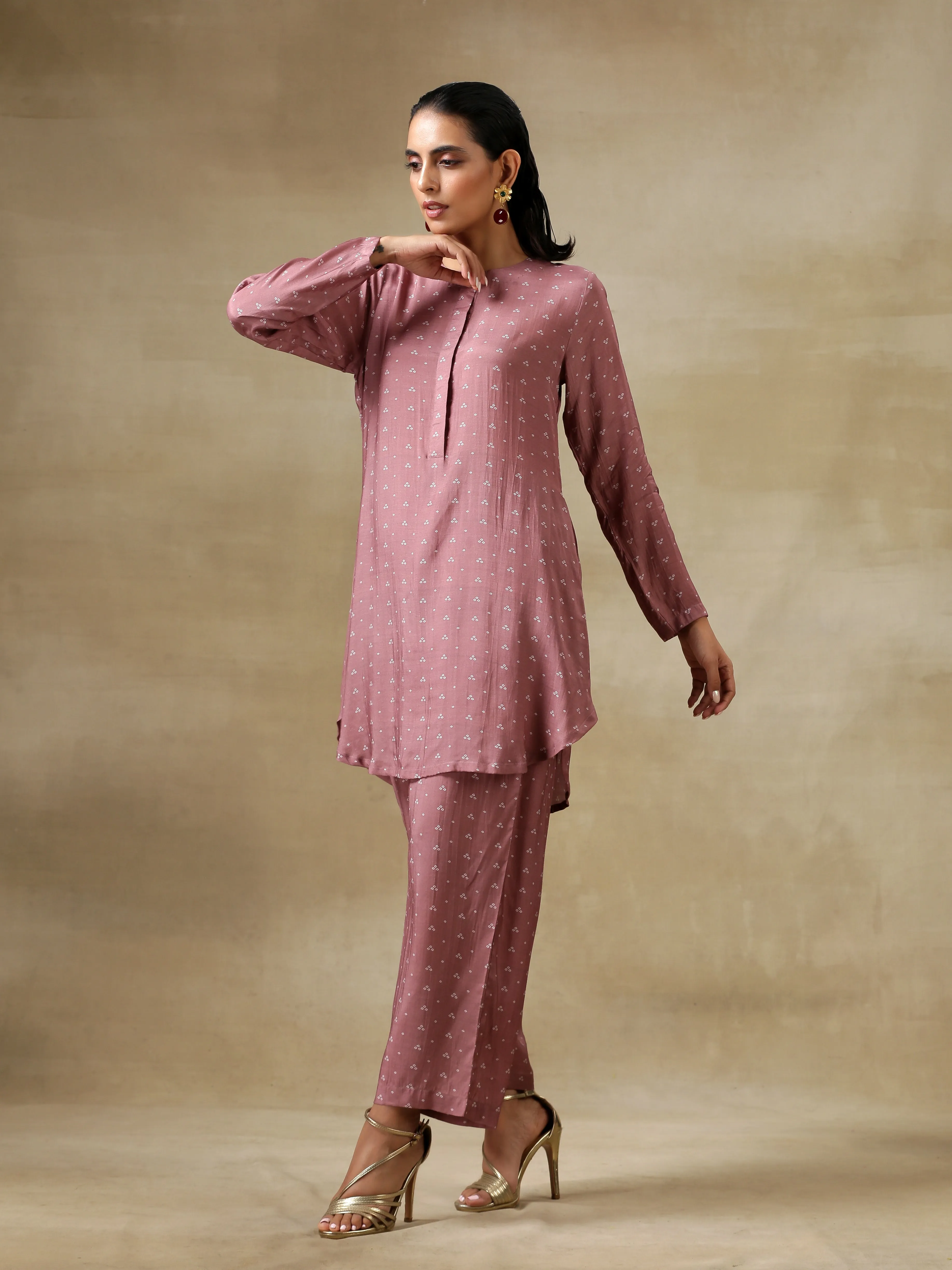 Dark Mauve Bandhani Printed Silk Front Placket Co-Ord Set