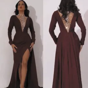 deep Burgundy evening dresses long sleeve crystals beaded mermaid elegant arabic evening gown abendkleider