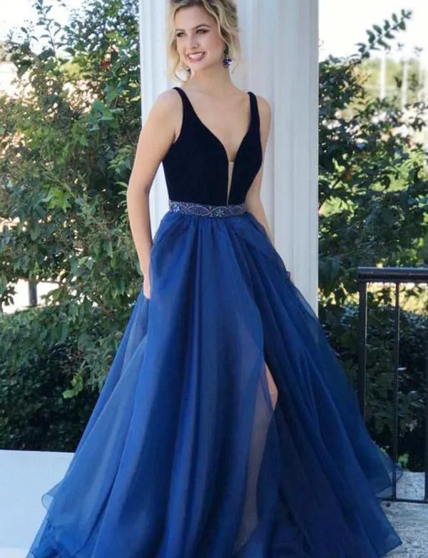 Deep V Neck Navy Blue Tulle Long Prom Dress Gown With Beading, TYP1500