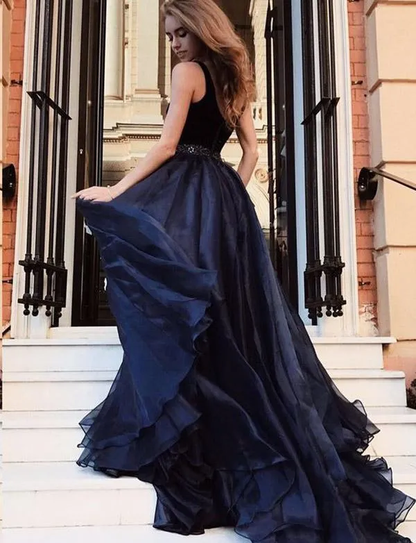 Deep V Neck Navy Blue Tulle Long Prom Dress Gown With Beading, TYP1500