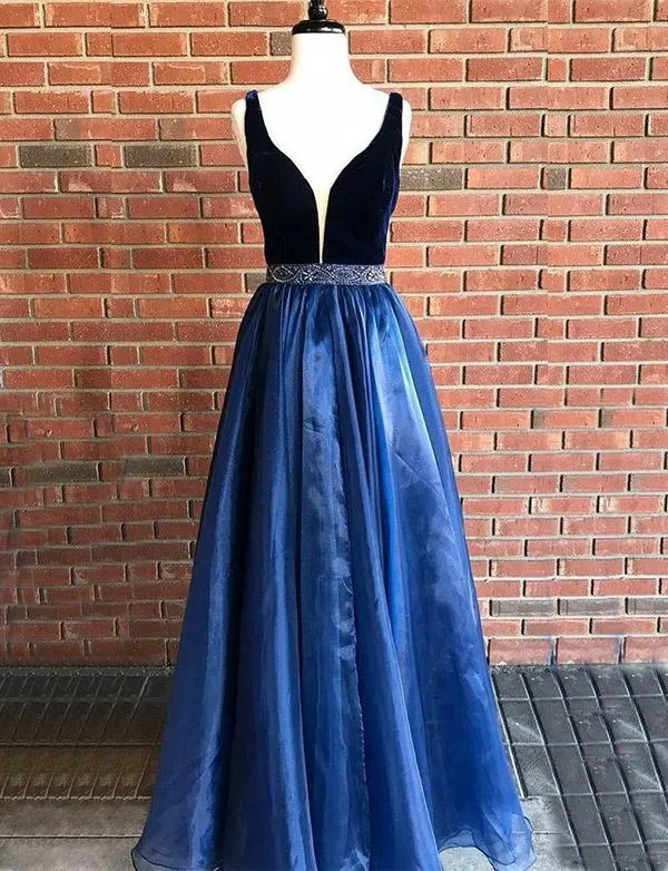 Deep V Neck Navy Blue Tulle Long Prom Dress Gown With Beading, TYP1500